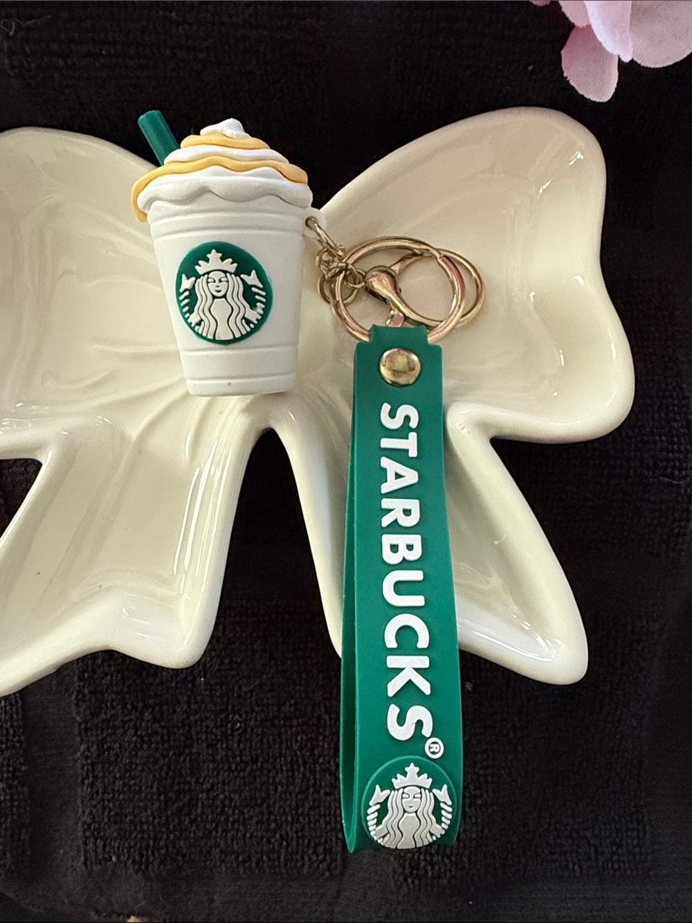 Starbucks Green and White Frappuccino Keyring with Gold Hardware